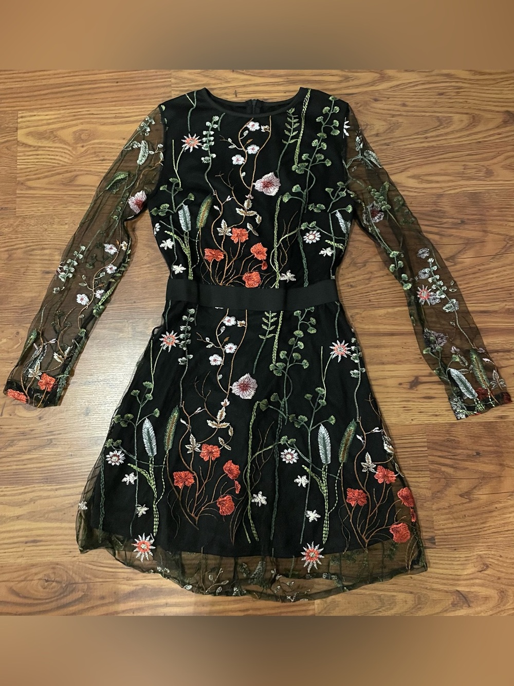 Floral Embroidered Black Mesh Dress - Women's